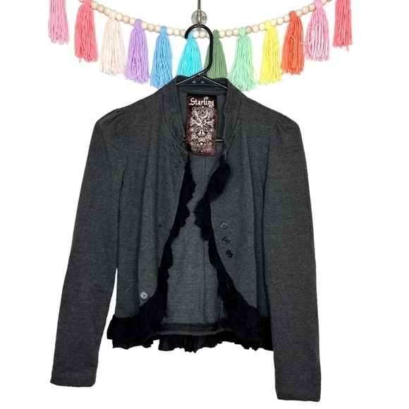Starling Gray and Black Ruffle Front Career Blazer Jacket Size Small - Picture 1 of 10